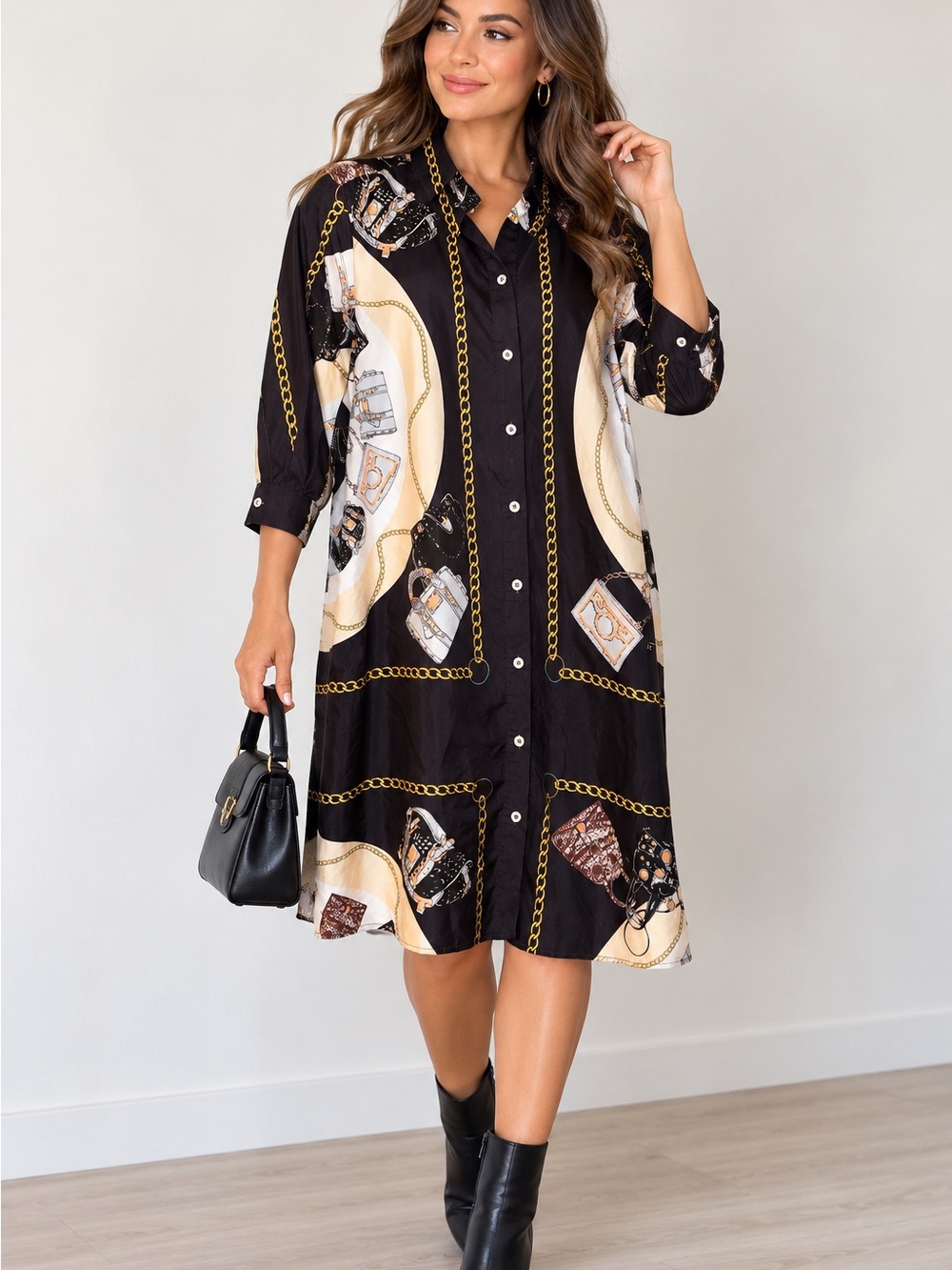 LA FURBO Maternity Black Gold Chain & Handbag Print Shirt Dress
